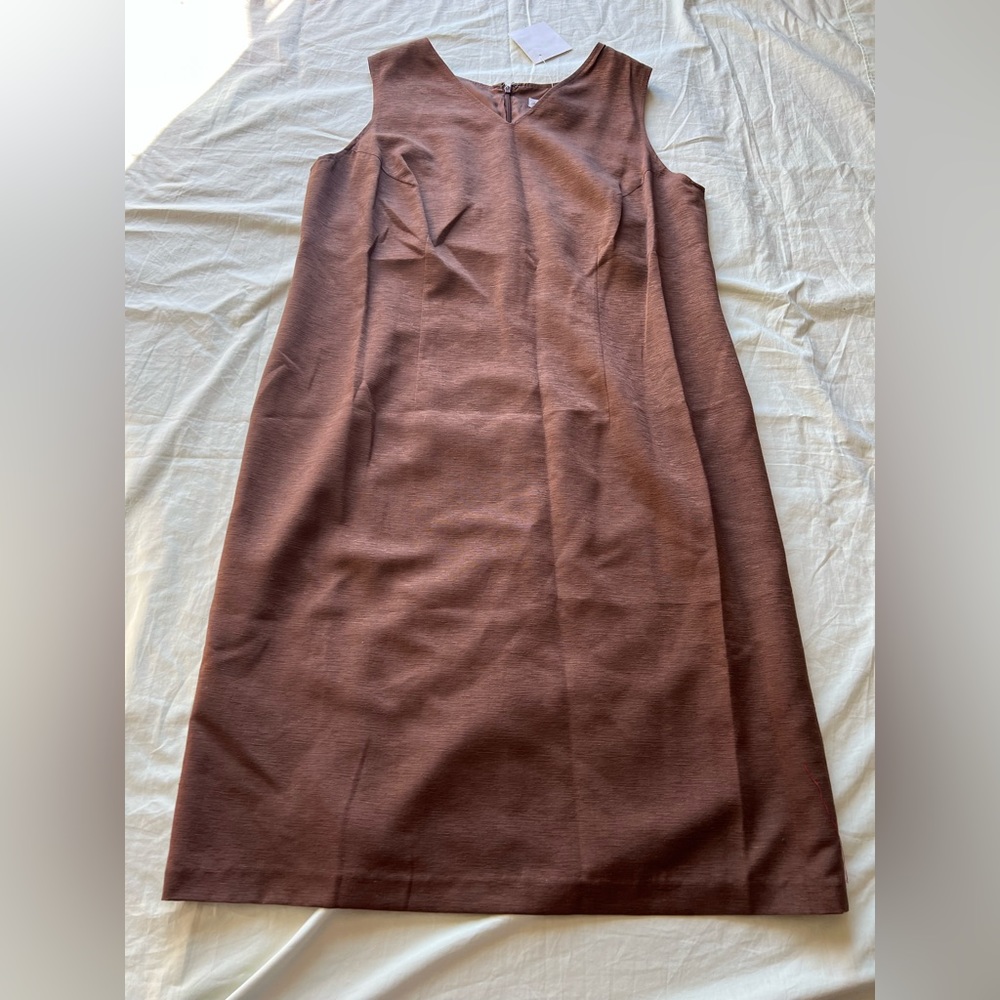 August Max Woman Size XS Dress Length 41” Silk Poly Lined Zip Brown V Neck #501